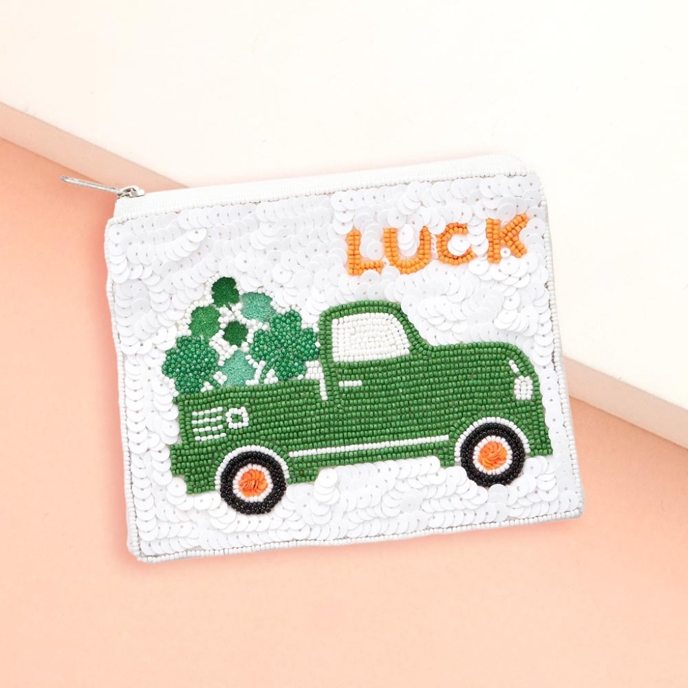 St Patricks Day Beaded Sequin Mini Pouch Bag St Patrick’s Irish Day Clover Luck
